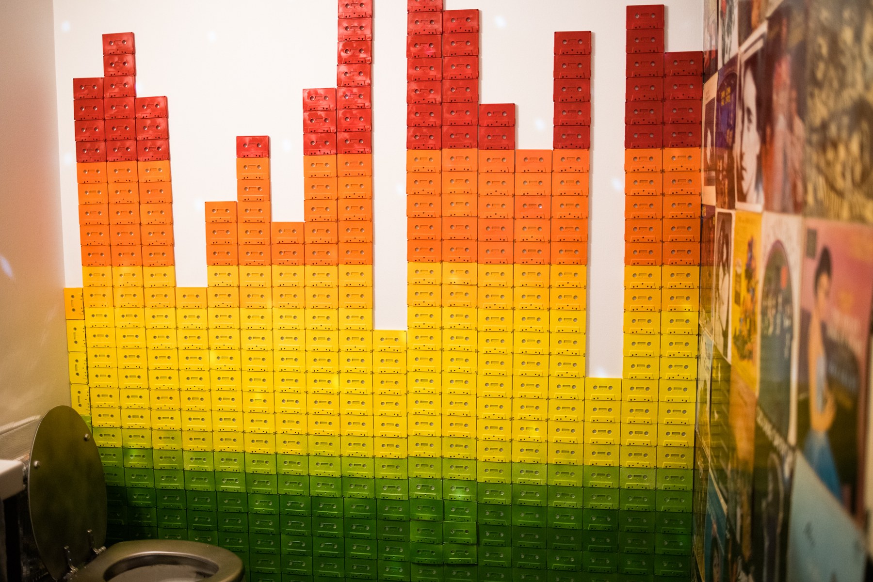 A colorful cassette-tape wall installation