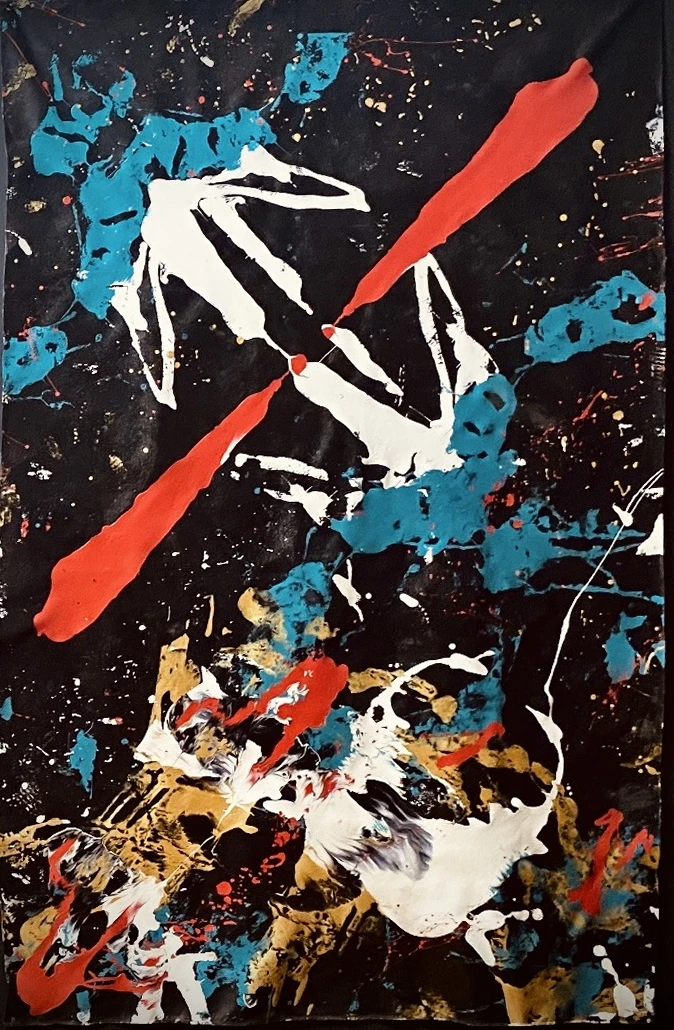 Silence Is an Answer Too — full painting with red, white, turquoise, and gold on black
